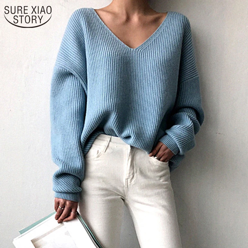 

Women's Knitwear 2021 Winter Clothes Women Korean V Neck Loose Simple Irregular Hem Pullover Bottoming Sweater 10526