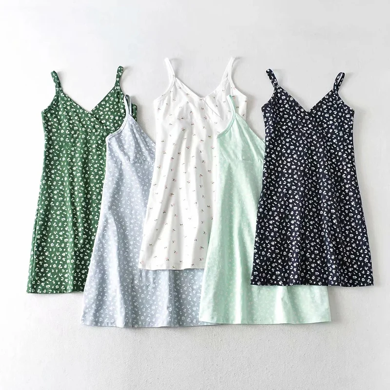 Summer Floral Print Cami Mini Sexy Dresses V Neck Female Robe Short Party Vintage vestido Backless Cotton blend Fit Sundress | Женская