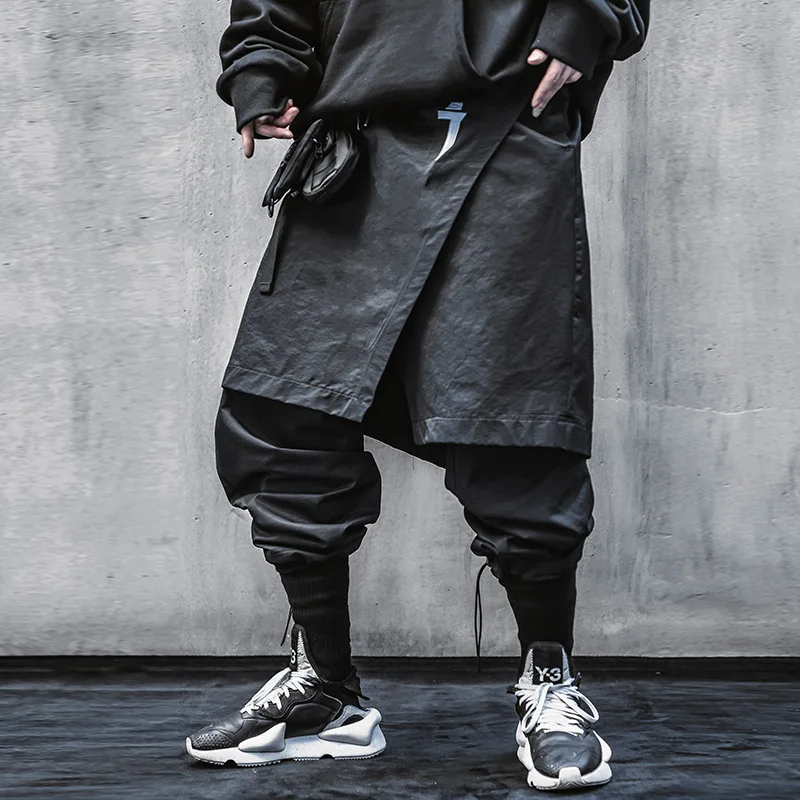 

Fake Two Pieces Hip Hop Black Cargo Long Pants Men Japanese Streetwear Oversized Sweatpants Casual Loose Autumn Male Trousers