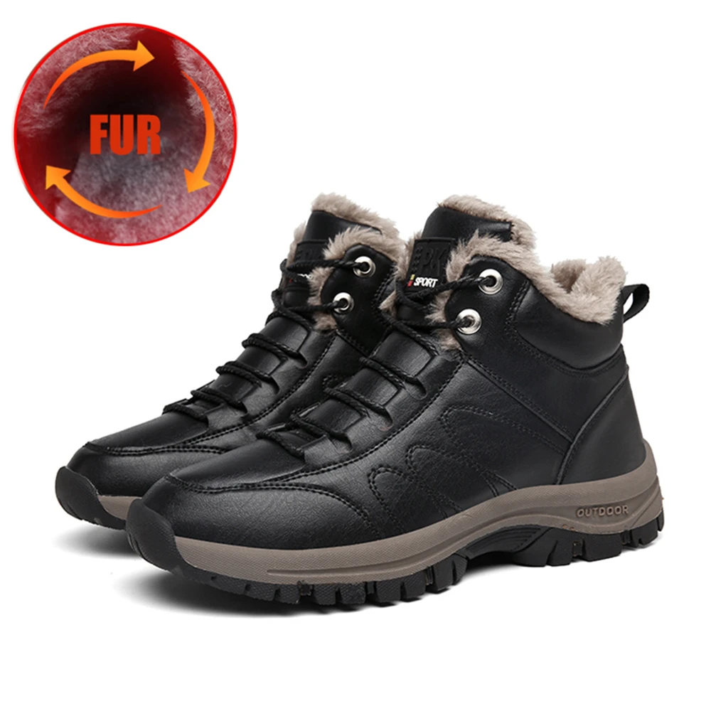 Мужские ботинки из натуральной телячьей кожи зимние теплые плюшевые кроссовки с