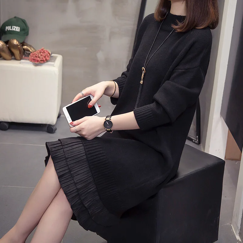 Black XL-4XL размера плюс, женское вязаное платье с высоким воротом, зима, длинный рукав, пэтчворк, гофрированный женский свитер, теплые платья - Цвет: Black