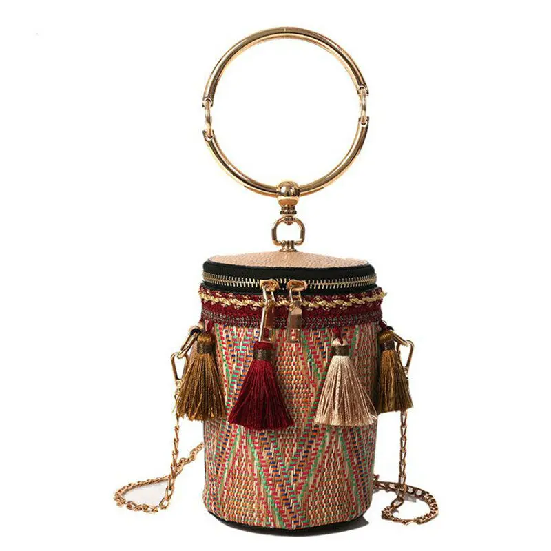 

NEW Style Black Bucket Cylindrical Straw Bags Women Barrel-Shaped Woven Bags