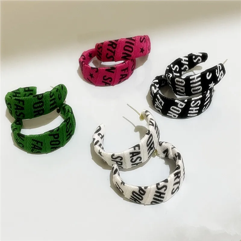 

Korean Punk Cloth Letter Fashion Hoop Earrings For Women 2021 New Trendy Jewelry Earings Wholesale