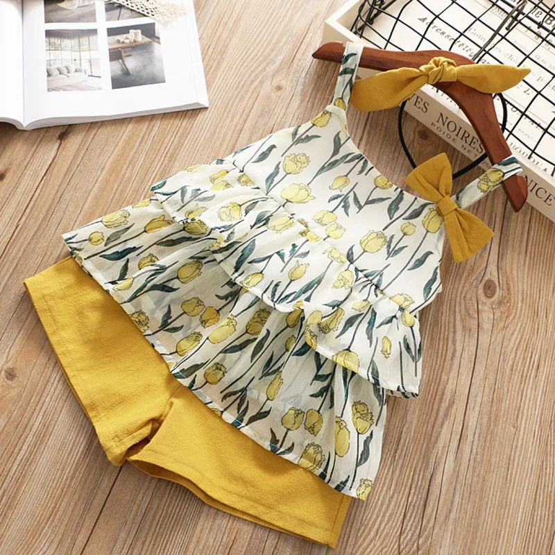 Комплекты одежды для девочек летние модные топы детей + шорты спортивные костюмы