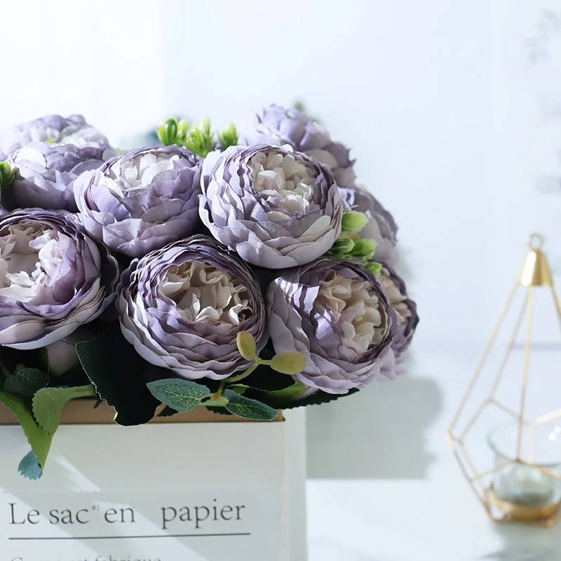 

Beautiful Roses Artificial Peony Flowers Purple Silk Bouquet DIY Wedding Home Decoration Accessories Fake Flowers White Craft