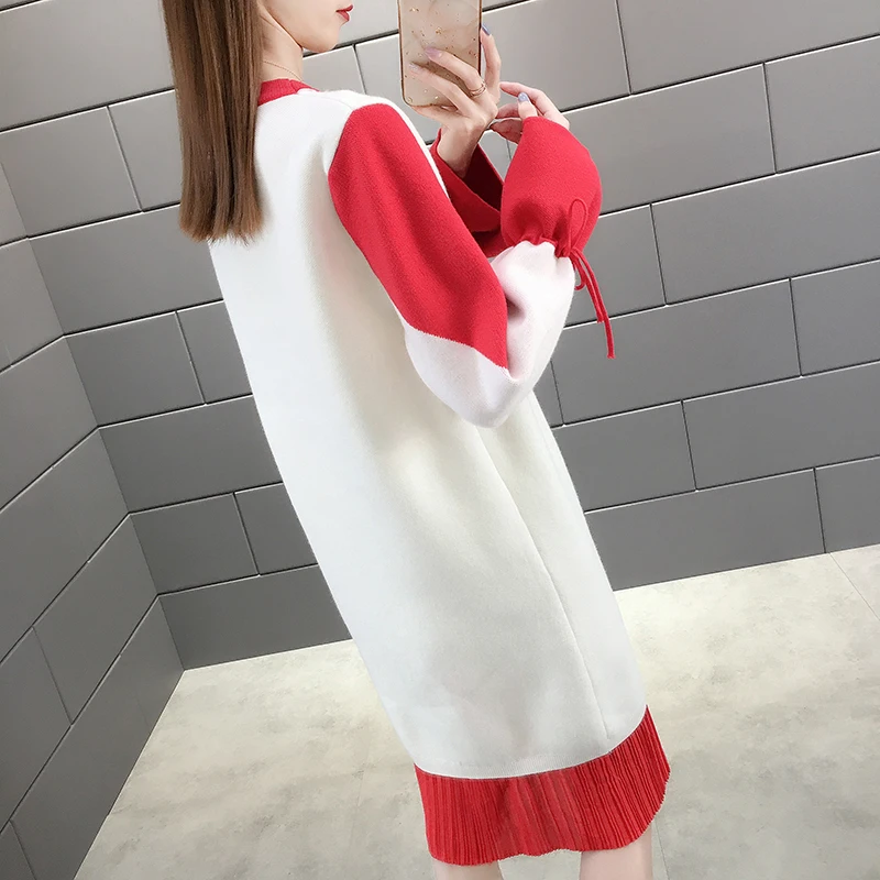 

2021 New Autumn Winter Knitted Loose Knee Length Women Dress O-Neck Flared Sleeve Thicken Knitwear Fashion Casual
