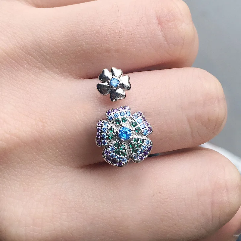 Женское Обручальное кольцо с цветком обручальное серебряного цвета зеленым и