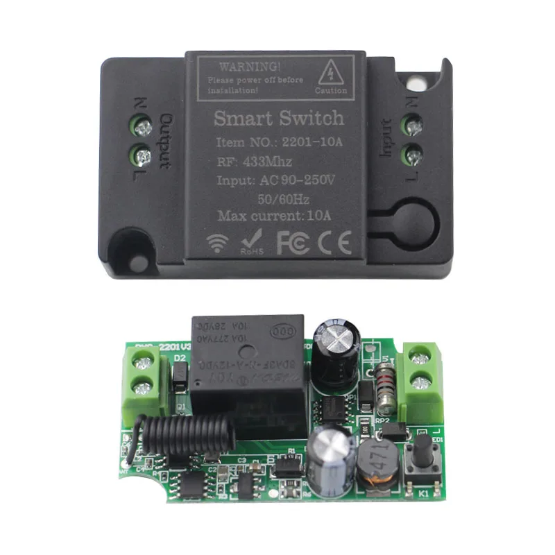 Универсальный беспроводной пульт дистанционного управления 433 МГц ZKRLLF для переключения AC 220V 10Amp 1CH с реле-приёмником и передатчиком RF для светодиодных ламп/освещения/вентиляторов.