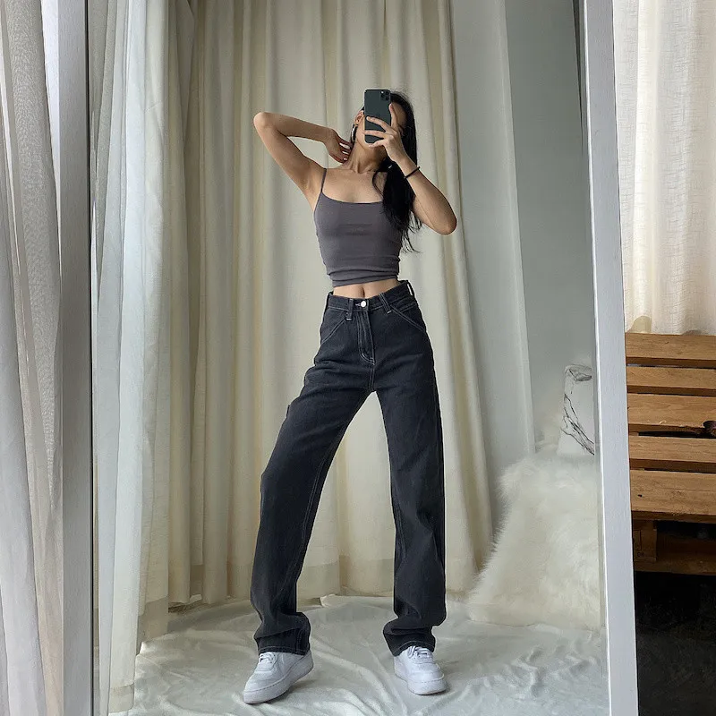 

Женские джинсы с высокой талией, одежда из денима с широкими штанинами, синие винтажные качественные модные прямые брюки в стиле Харадзюку