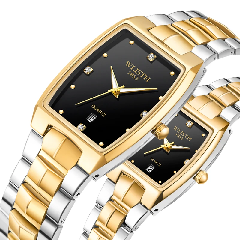 

Часы наручные мужские кварцевые, модные Романтические квадратные светящиеся часы из нержавеющей стали для пары, с браслетом из нержавеющей...