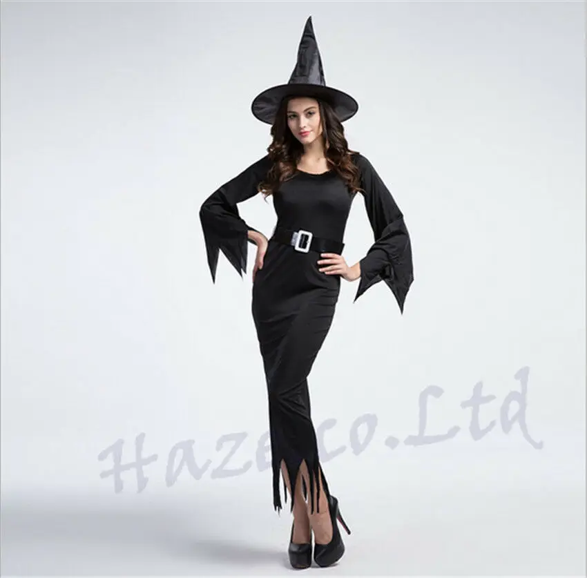 Роскошный женский черный костюм ведьмы на Хэллоуин нарядный для вечеринки