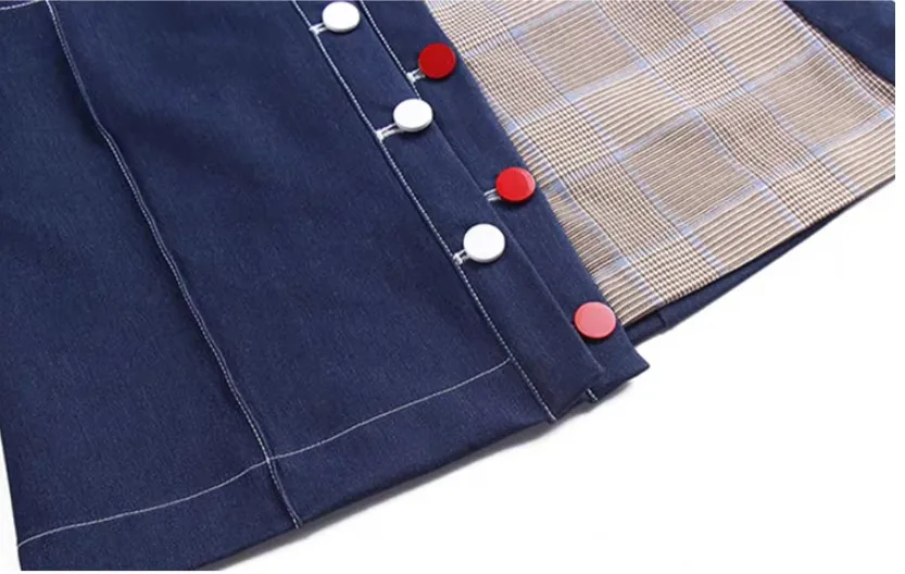 

Preppy Skirt Suits Summer Women Cute Ladies Stripped Printed Blouse Tops And Denim Spliced Skirt Suits Set Clothing Set NS983