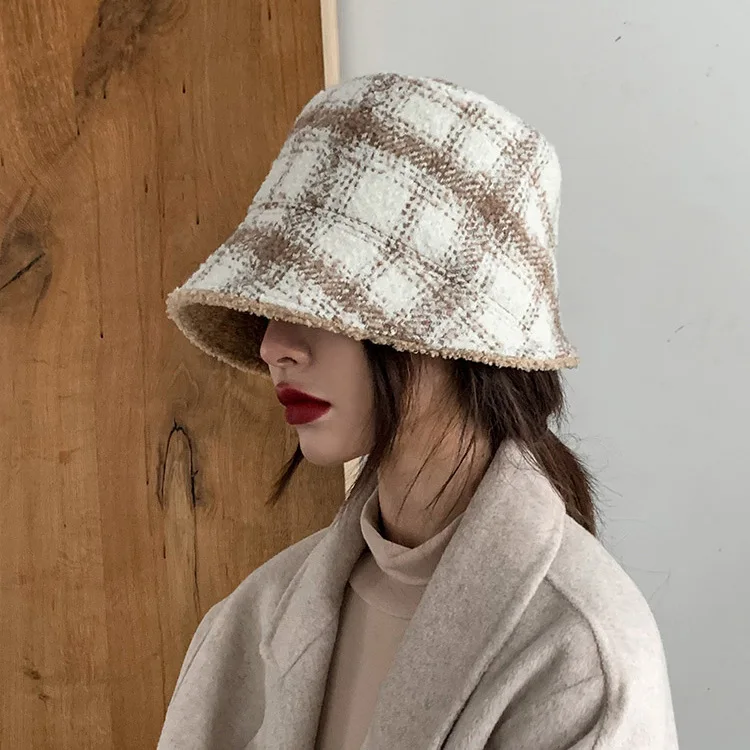 

hat female primeval plaid autumn and winter han version lamb hair warm fisherman's hat female day teddy hair net red basin hat