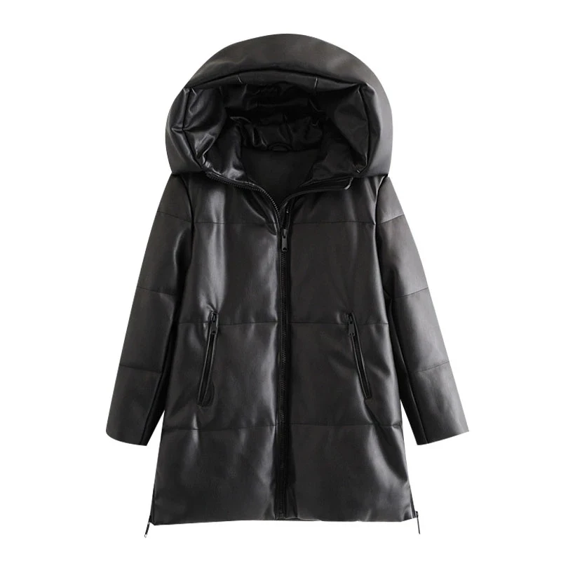 Women 2021 Winter Fashion Thick Warm Faux Leather Parkas Vintage Hooded Long Sleeve Padded Jacket Female Chic Long Overcoat