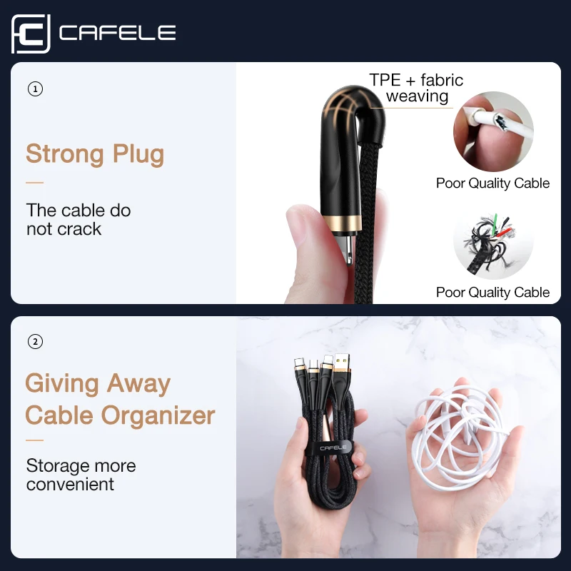 Cafele 3 in 1 USB Cable PD Cable For iPhone 11 12 Pro Max X XR XS Type-c Charging Cable For Huawei Xiaomi Samsung Micro Cable