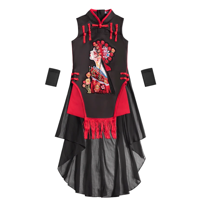 Комплект для девочек в китайском стиле одежда джазовых танцев с бахромой