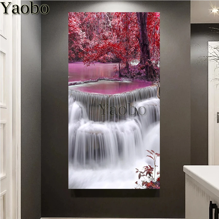 

Алмазная живопись водопад пейзаж Красного леса вышивка крестиком 5D Сделай Сам мозаика Ручная инкрустация подарок дизайн настенное украшение