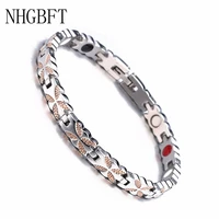 nhgbft new stainless steel motion health care bracelet for women and mens rose gold color grain magnetic bracelet