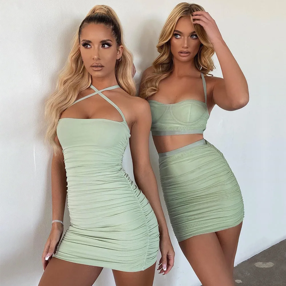 

Summer mesh top skirt suit sexy nightclub party dress two-piece