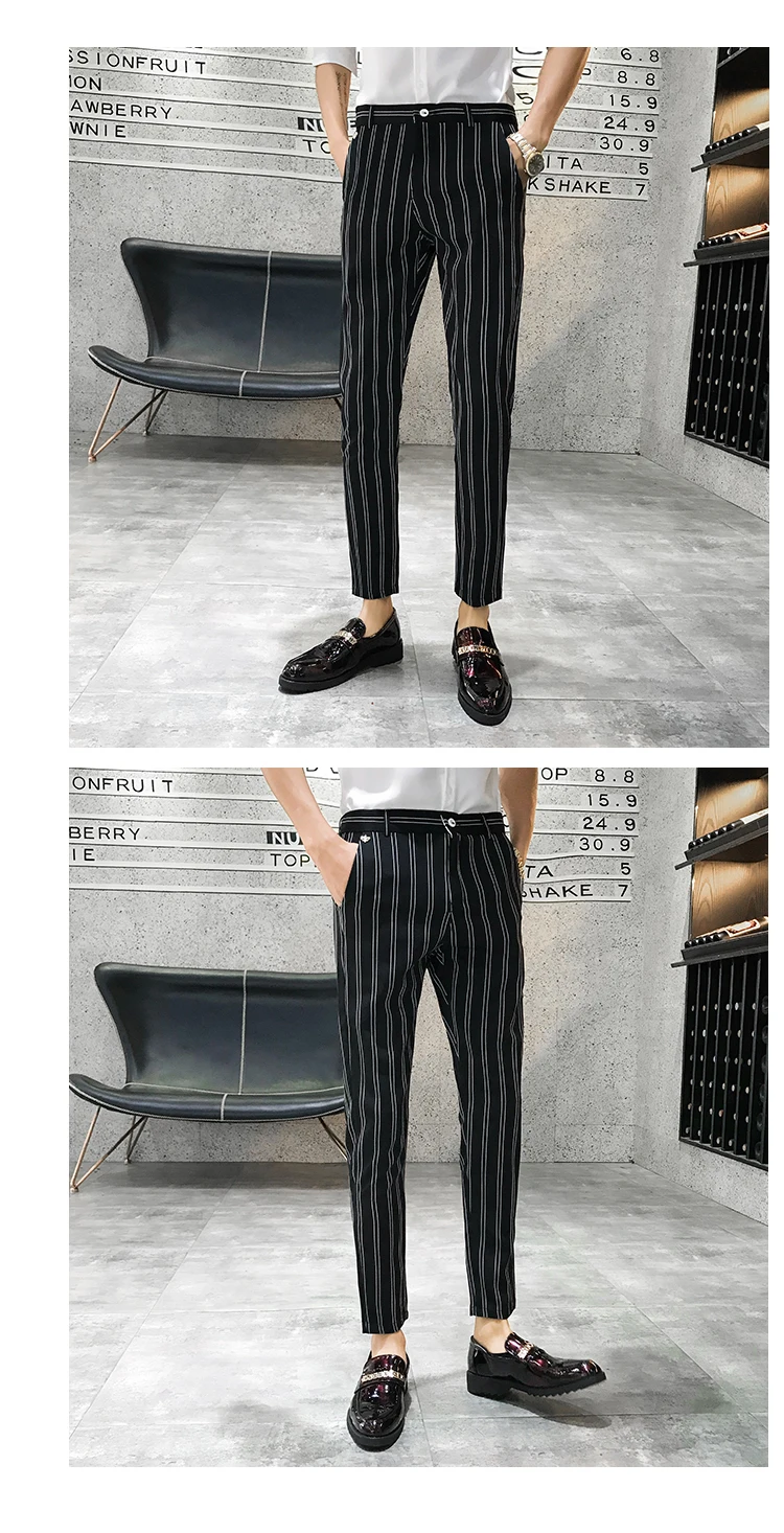 Autumn Stripe Men Dress Pants Black Green Mens Pants Fashions Streetwear Men Skinny Fit Men Trousers Pantalones Hombre