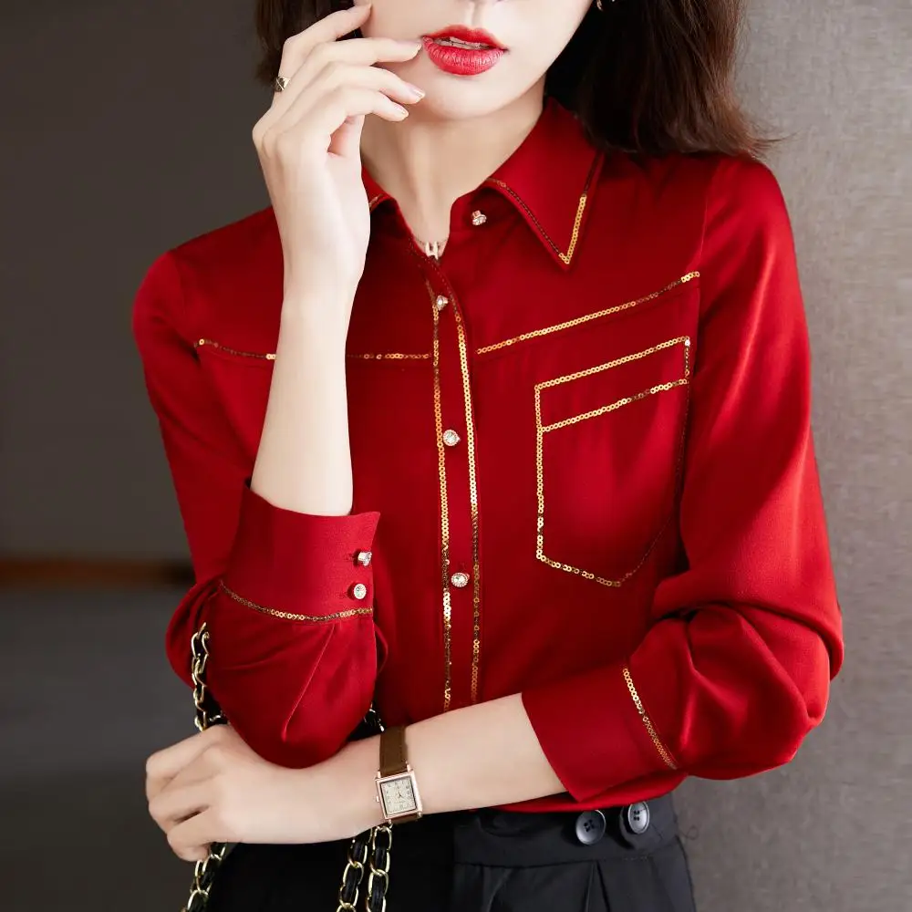 

Red Long-Sleeved Sequins Clothes 2021 Oversize Spring Summer Style Autumn Feminina Women'S Top Blouse Fashion