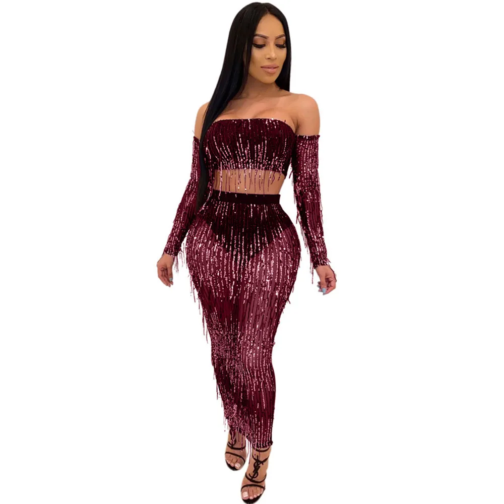 Сетчатая Прозрачная Юбка с кисточками и пайетками Комплект для женщин