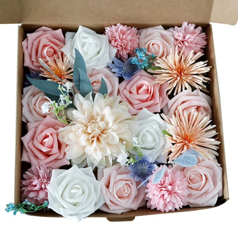 

AT69 -Artificial Flower Box Birthday Proposal Fake Flower Gift Box Flower Head with Rod DIY Wedding Bride Holding Bouquet