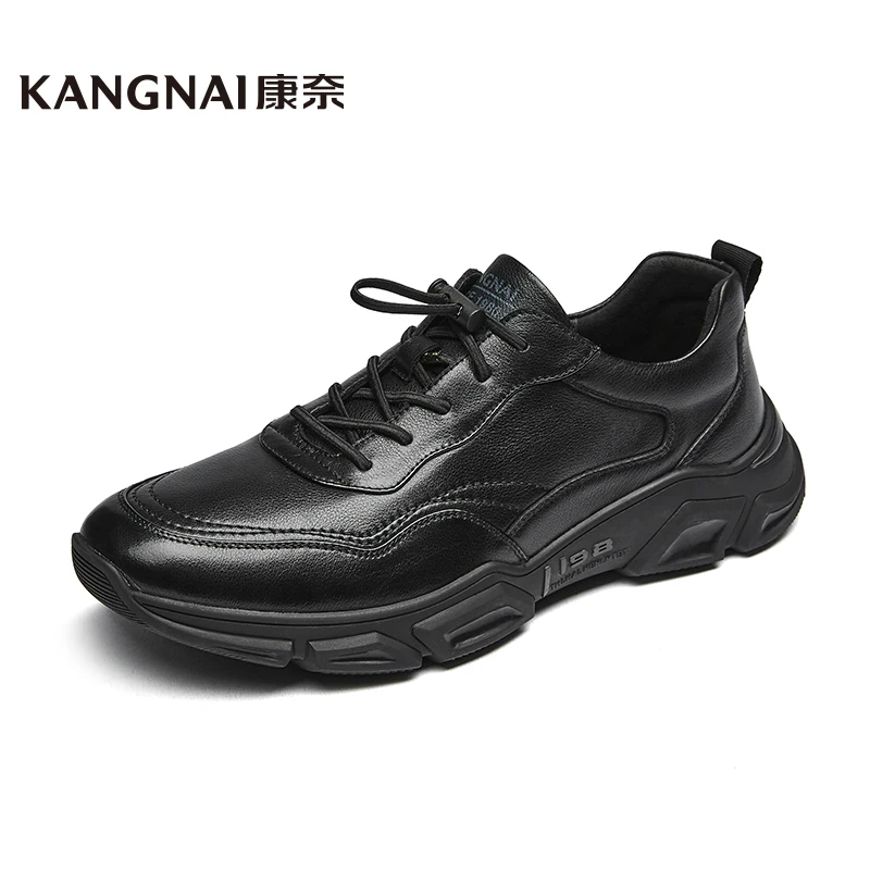 

KANGNAI Men Shoes Cow Leather Elastic Band Outdoor Walking Sports Footwear Black Platform Male Casual Shoes