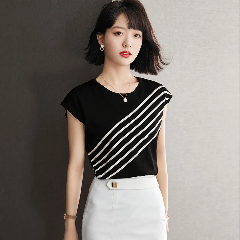 Chiffon shirt summer T-shirt women's new pullover striped loose short-sleeved top blusas feminina ver o 2021
