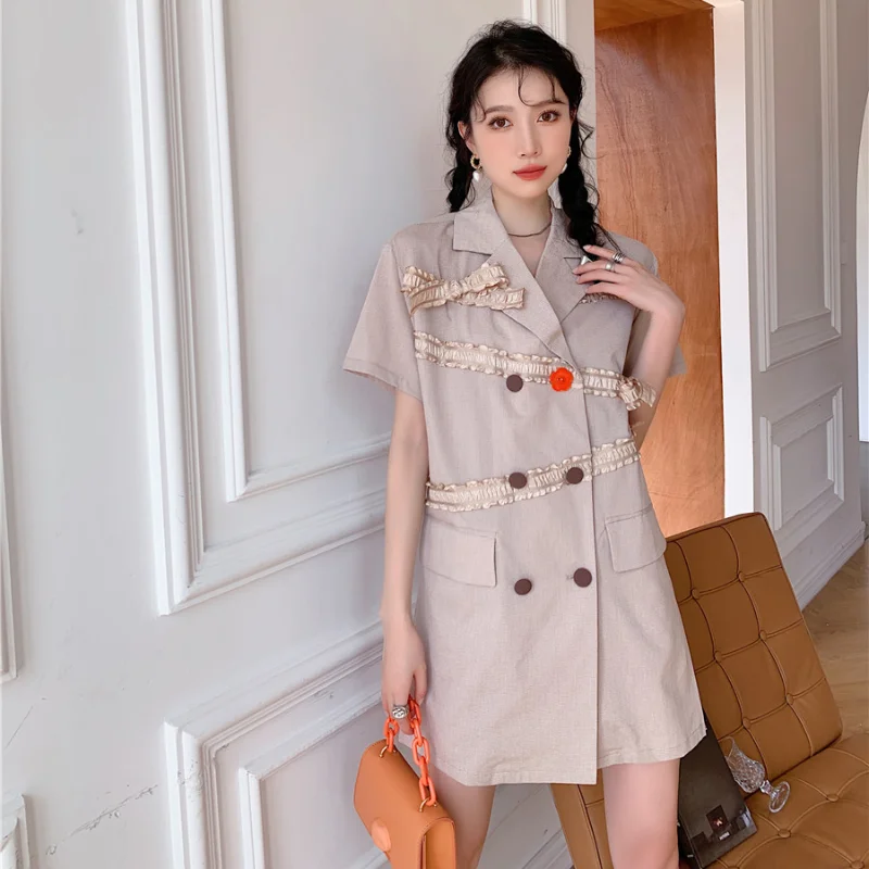 

Kimotimo Korean Notched Collar Dress Women 2021 Summer Ins Short Sleeve Double Breasted Design Bow Lace Retro Loose Dresses