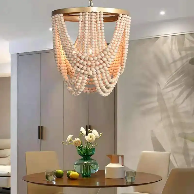 Американский кантри в богемном стиле белый деревянный подвесной светильник из