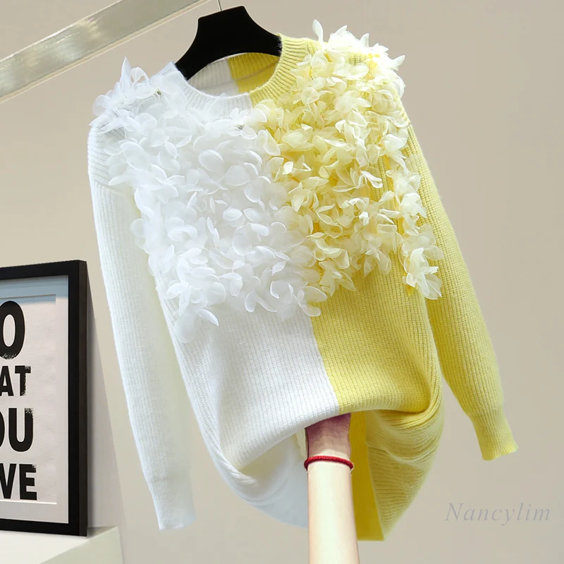 

Loose Long Pullover Sweater Women Three-Dimensional Flower 2021 Autumn and Winter Korean Style Beads Rhinestones Knitwear Jumper