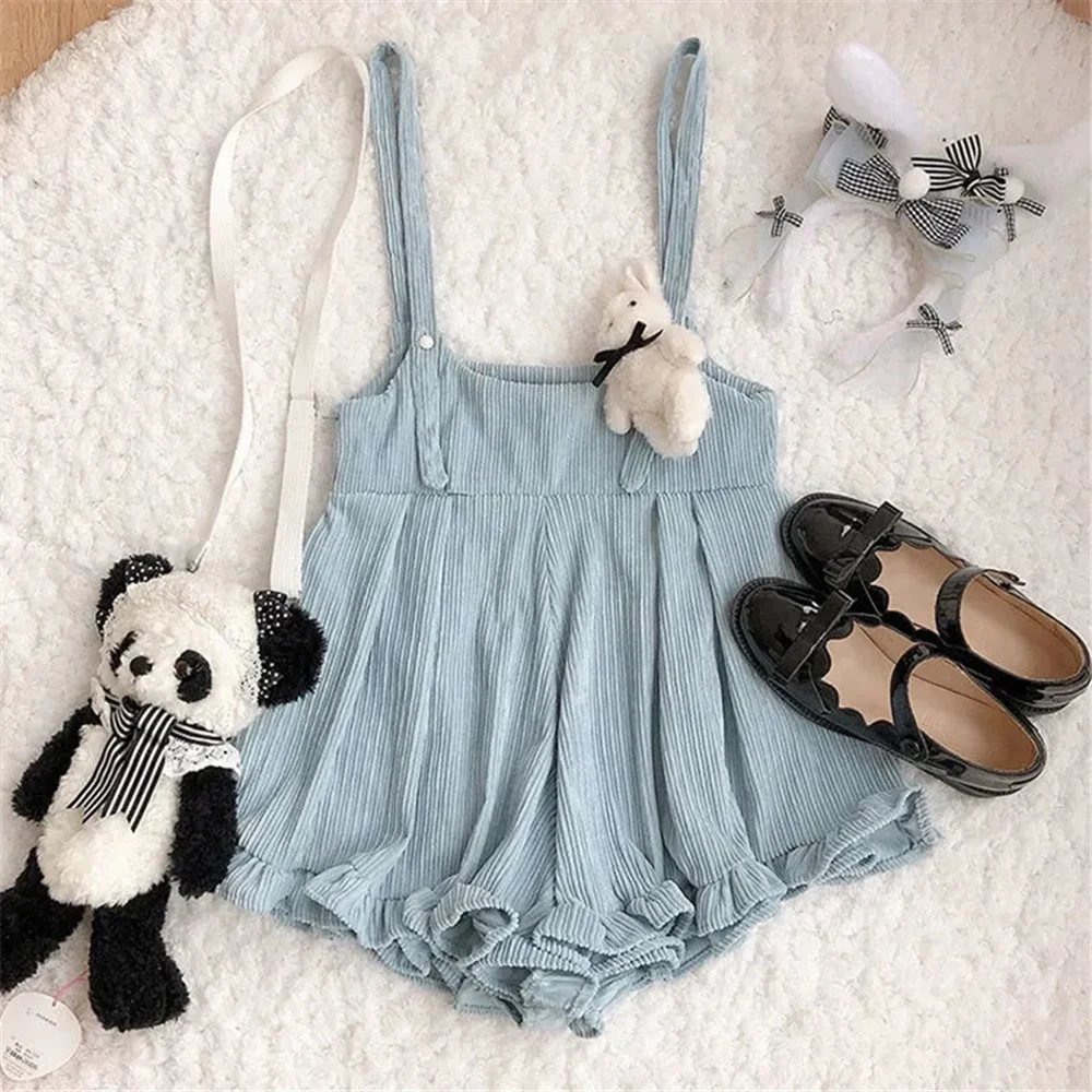 

Kawaii Girl Summer Lolita Cute Pants Loose Clothing Sweet Ruffles Corduroy Harajuku Wide Legs Bib Shorts Japanese Preppy Style