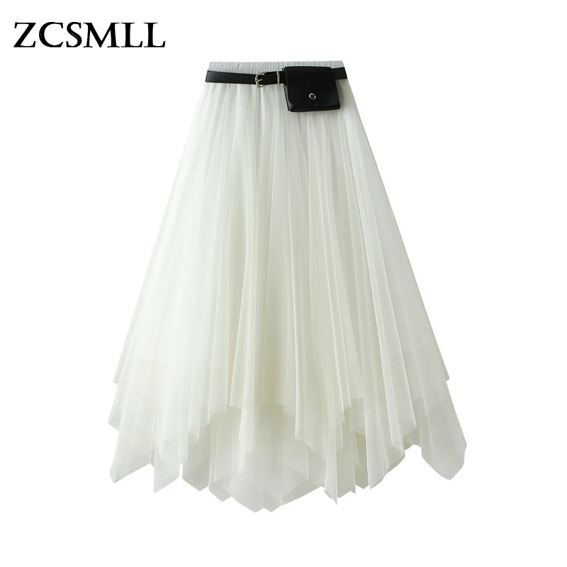 

ZCSMLL 2021 Autumn Winter New Female High Waist Elasticity Belt Irregular Lace Mesh Pleated Skirt Women's Fashion TH1117