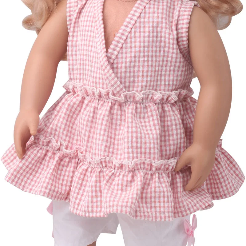 

Summer Pink Check Suit+White Shorts Fit 43cm Baby New Born,42cm Nenuco,American Girl 18inch Doll Clothes Accessories