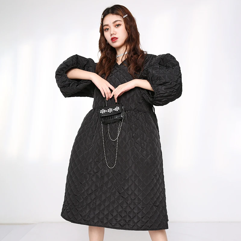 

Bandage Irregular Black Cotton-padded Coat Lantern Sleeve Loose Women Parkas Fashion Tide New Autumn Winter 2021 1DD08310