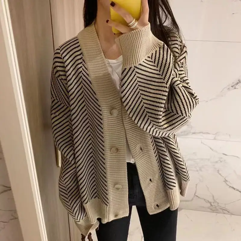 Cardigans women elegant striped pattern 2020 autumn winter cardigan vintage jumper lady fashion oversized knitted coat |
