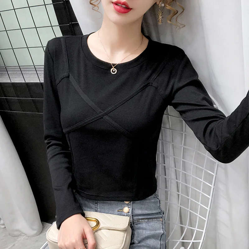 

Korean Style Short Tops Women Autumn Long Sleeve 2020 T-Shirt Fashion Solid Color O-Neck Clothing Tees T2337