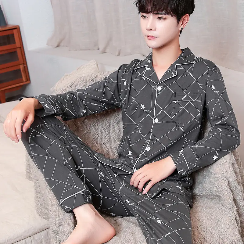 100% Cotton Pajamas Men's Summer Short-sleeved Men's Thin Section Spring and Autumn Long-sleeved Cotton Suit Home Wear