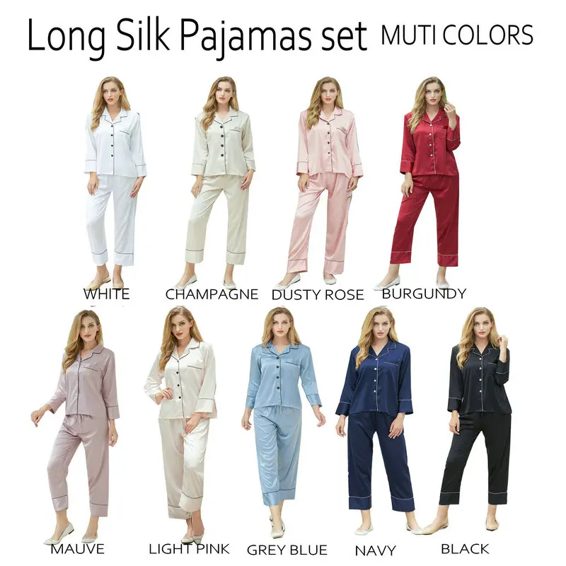 

silk satin solid pajamas for women custom women pajamas set home dress lungewear lettering nightwear gray blue pajama