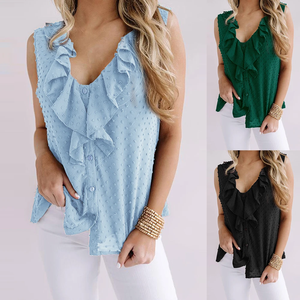 

Women Solid Mesh Shirts Ruffle Polka Dot Tops Blue Jacquard Fashion Vest Deep V Neck Female Sleeveless Chic Sexy Blouses D30