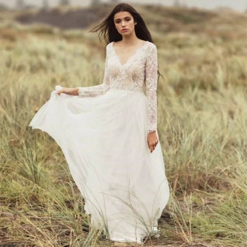 

Long Sleeves Wedding Dresses Modern V Neck Lace Top Tulle Beach Country Bridal Gown свадебное платье vestidos de novia robe 2022