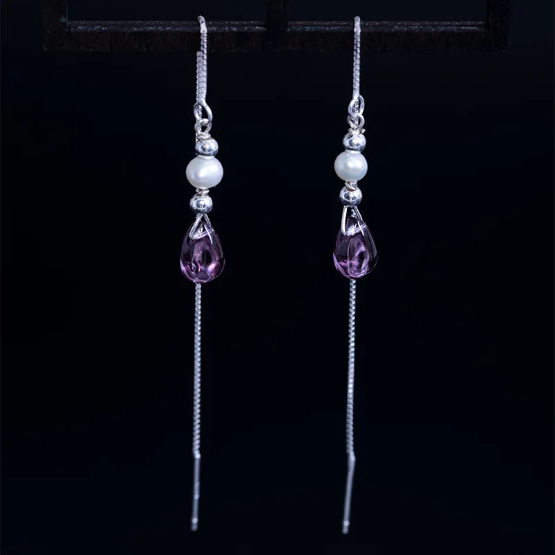 Женские длинные серьги из стерлингового серебра 925 пробы с натуральным аметистом
