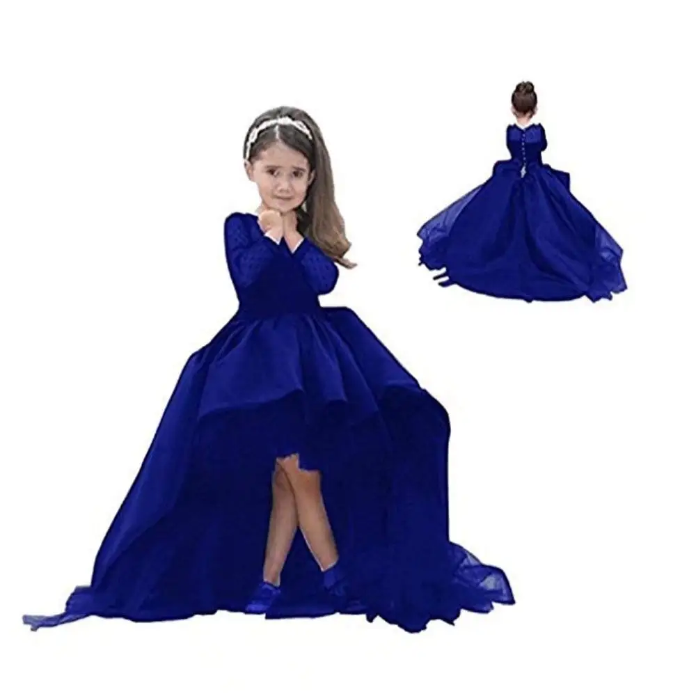 blue Kids Black Hi-Lo Long Sleeve Girl's Pageant Dresses Flower Girl Dresses with Bow for Wedding Party Birthday Princess Gown - Цвет: blue