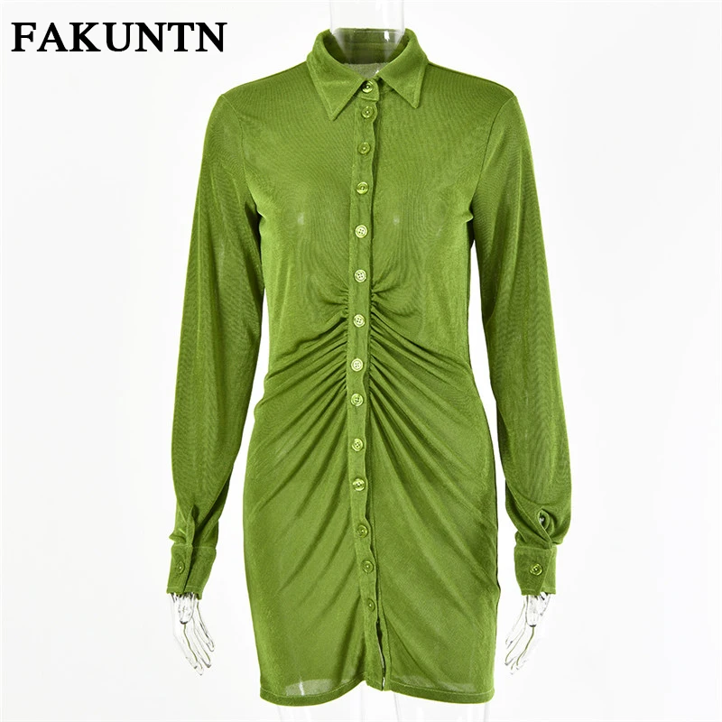 

FAKUNTN Women's Green Folds Dress Summer 2021 Lapel Single Breasted Bodycon Party Mini Shirt Dress Slim Long Sleeve Vestidos