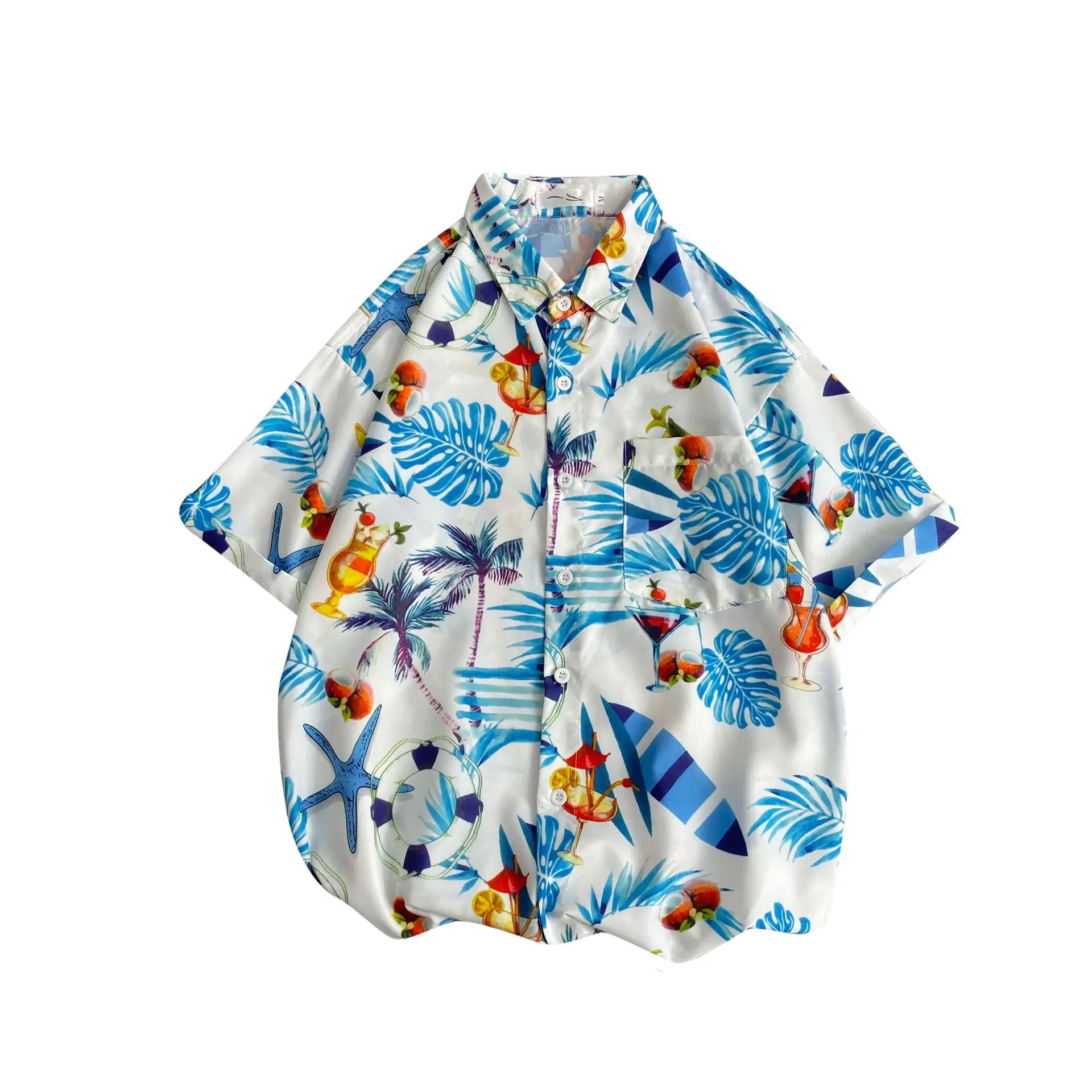 

Summer print beach youth spot blue plain Lapel Chiffon cotton loose shirt