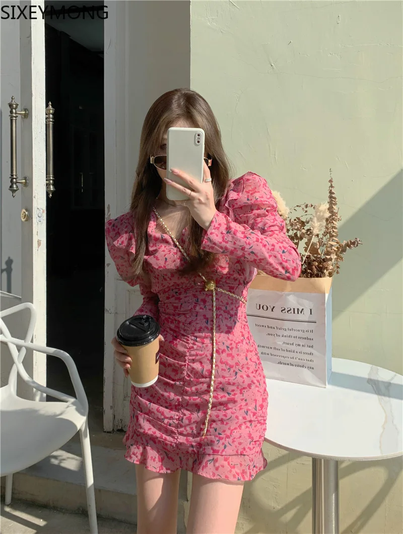 

Floral Skirt Women Autumn Short Skirt Long Sleeve French Skirt Pink Dress