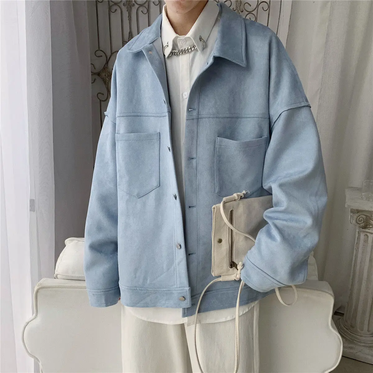 

2021 Men's Solid Oversized Suede Jackets Korean Style Men Casual Loose Coats Autumn New Men's Fashion Outerwear