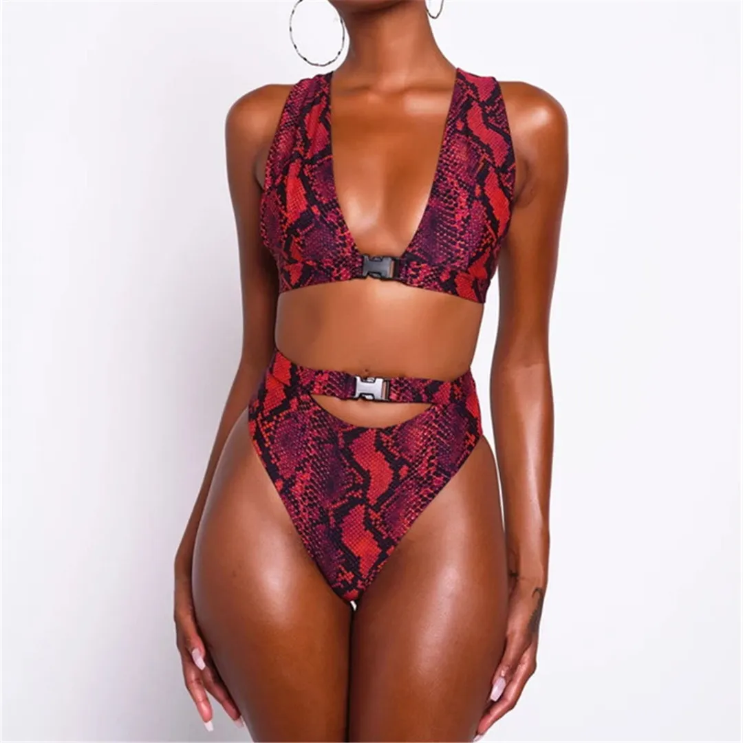 Женский купальник с принтом в виде Красной змеи бикини высокой талией женская
