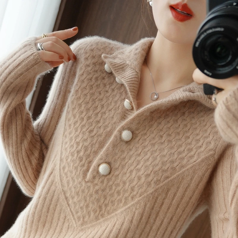 Cashmere sweater women's lapel pullover long-sleeved sweater ladies knit solid color base autumn and winter 100%wool sweater hot